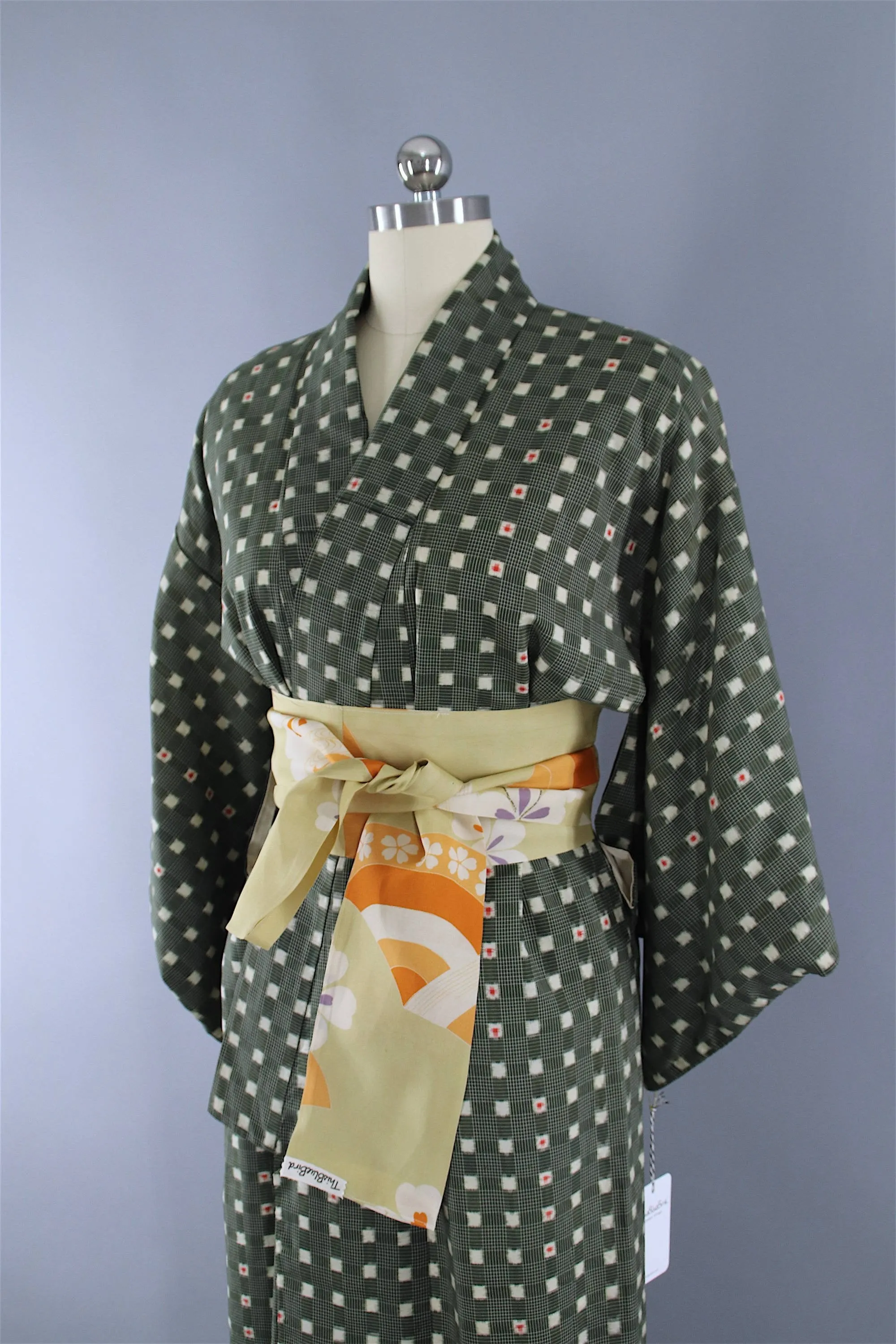 1950s Vintage Kimono Robe / Dark Green Checkered Gingham Rayon Cotton Muslin