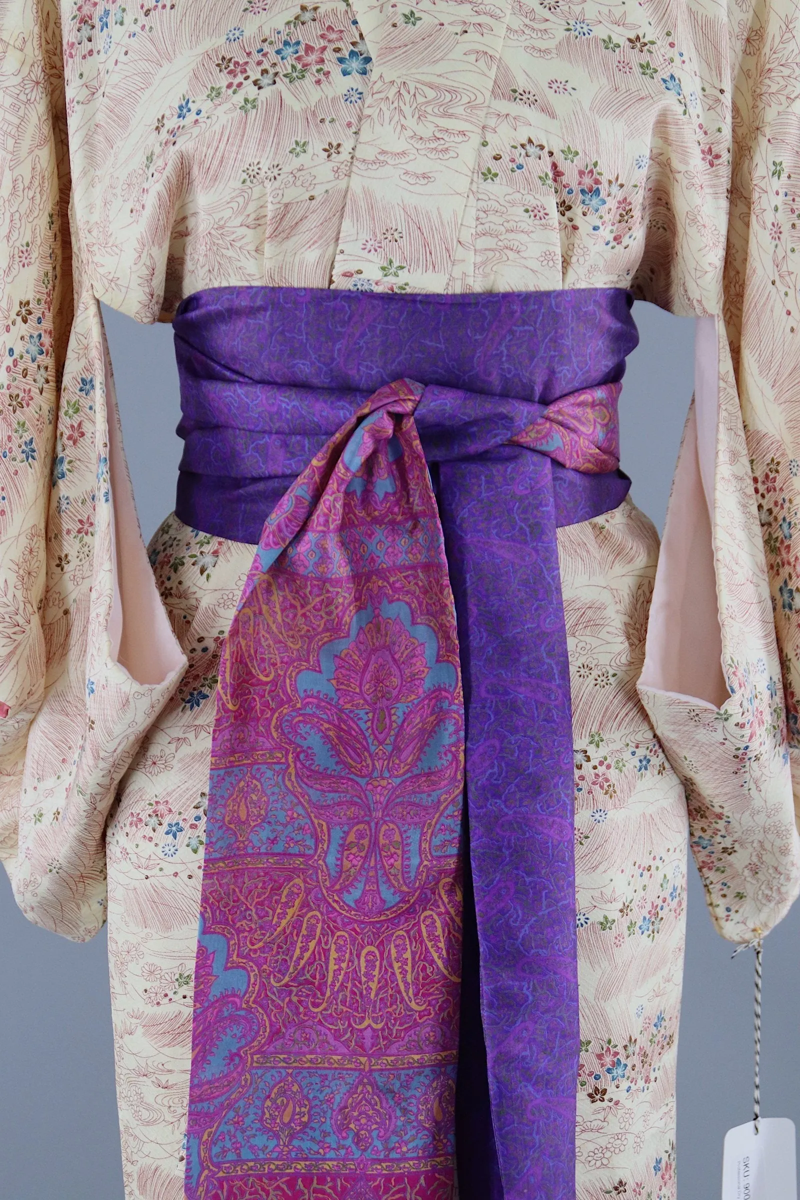 1970s Vintage Silk Kimono Robe / Ivory Magenta Purple Floral Print