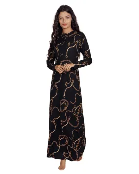 924 Black Printed Chains Button Down Cotton Nightgown