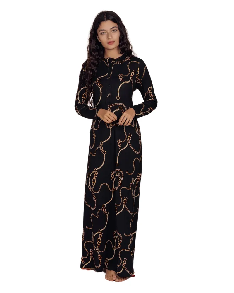 924 Black Printed Chains Button Down Cotton Nightgown