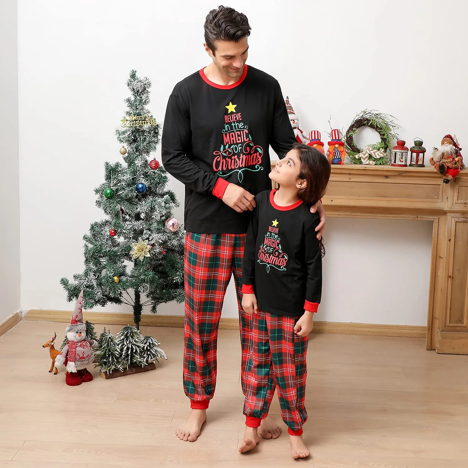 ANGELGGH Matching Family Christmas Pajamas Sets, Holiday PJs with Top and Pants, Cute 2 Piece Sleepwear for Couples/Women/Men (Men, L, Red Black Believe)