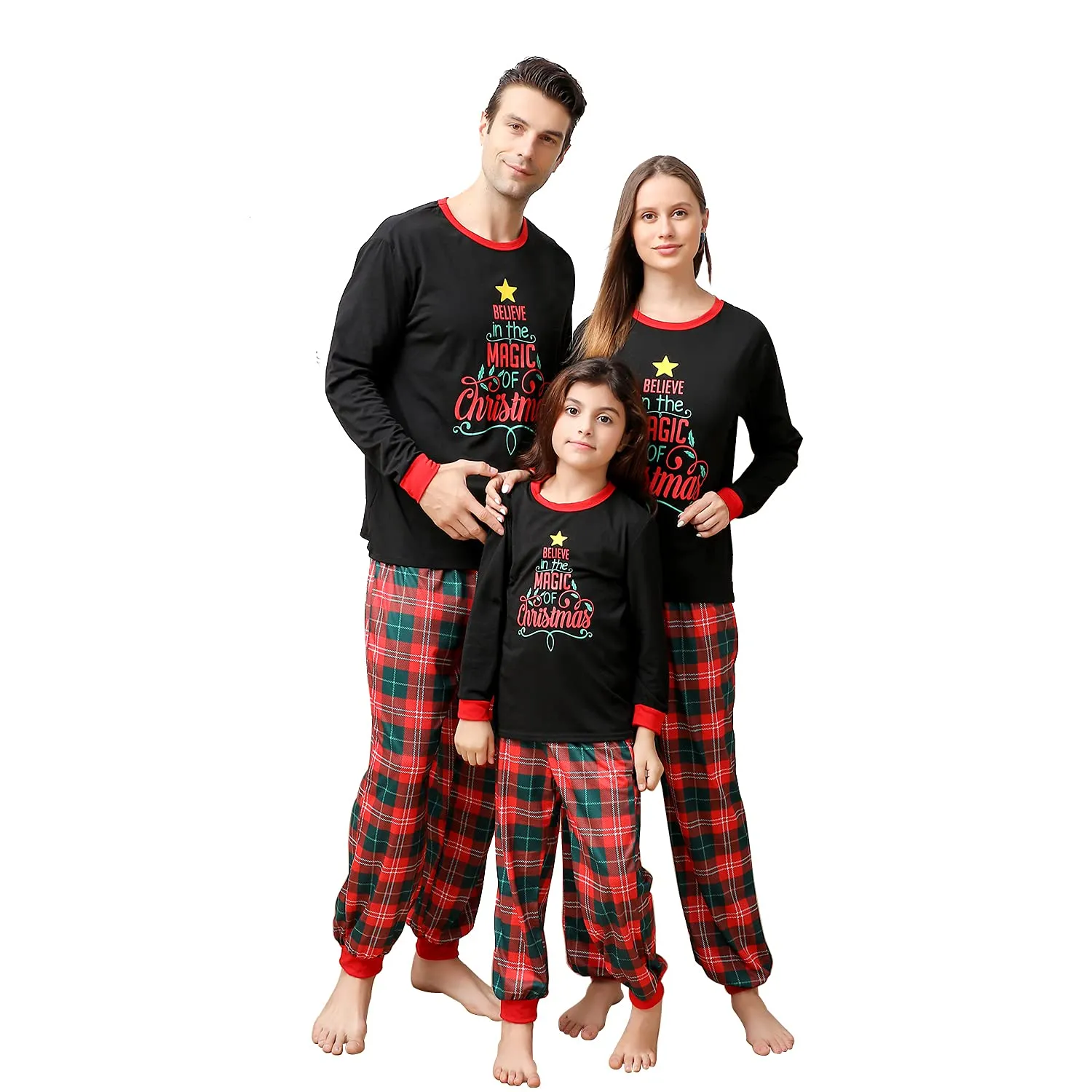 ANGELGGH Matching Family Christmas Pajamas Sets, Holiday PJs with Top and Pants, Cute 2 Piece Sleepwear for Couples/Women/Men (Men, L, Red Black Believe)