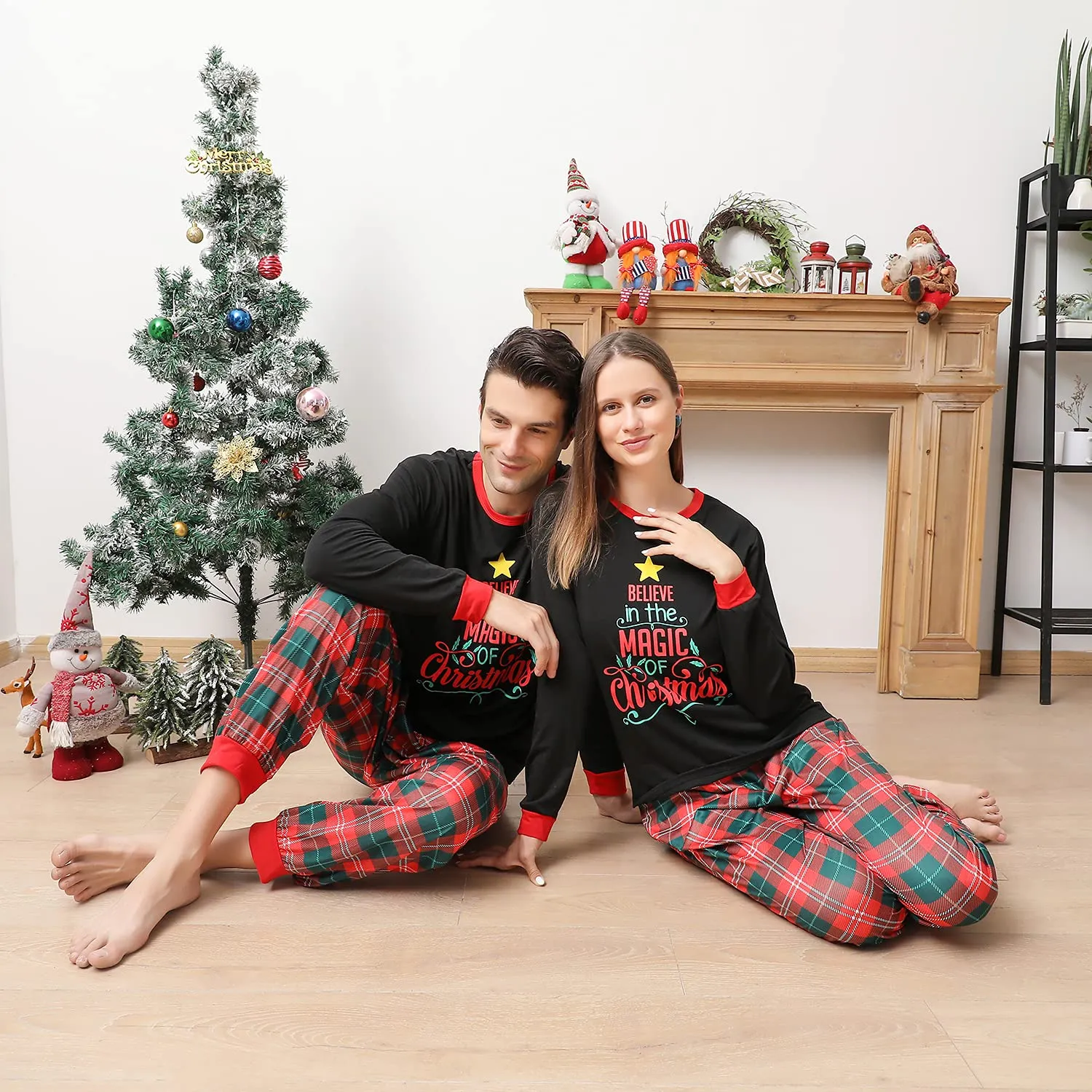 ANGELGGH Matching Family Christmas Pajamas Sets, Holiday PJs with Top and Pants, Cute 2 Piece Sleepwear for Couples/Women/Men (Men, L, Red Black Believe)