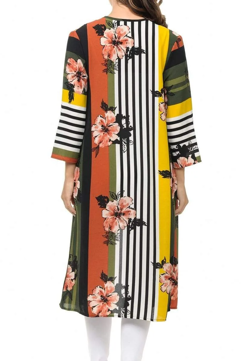 Auliné Collection Womens USA Made Casual Cover Up Cape Gown Robe Cardigan Kimono, Color Block Floral