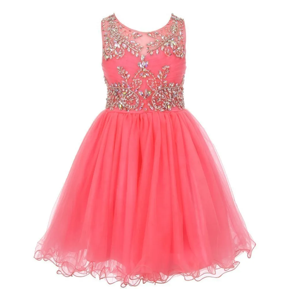 Big Girls Coral Tulle AB Stone Wired Flower Girl Dress 8-16