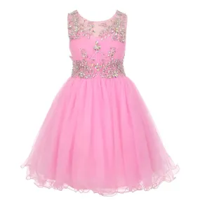 Big Girls Pink Tulle AB Stone Wired Flower Girl Dress 8-16