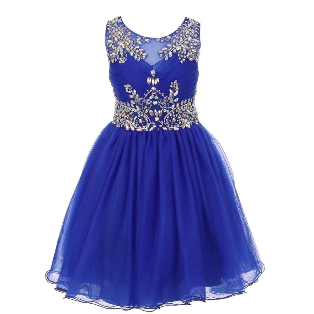 Big Girls Royal Blue Tulle AB Stone Wired Flower Girl Dress 8-16