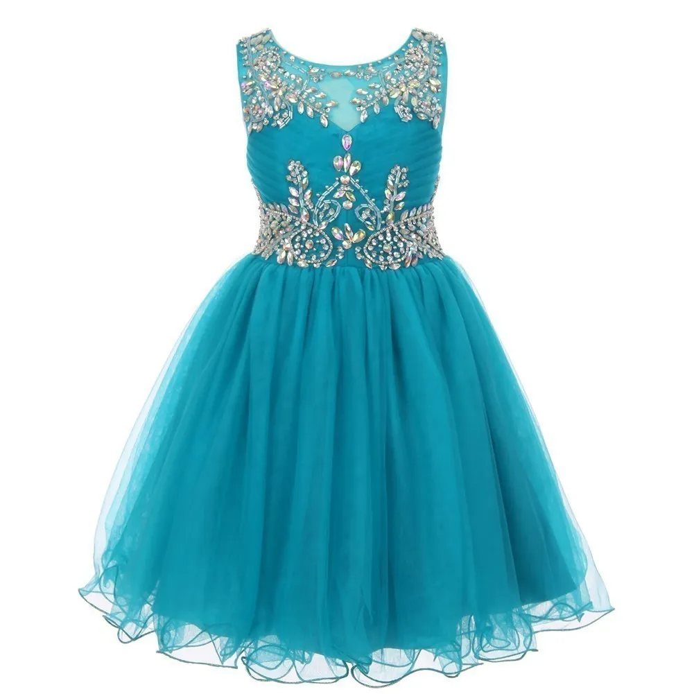 Big Girls Teal Tulle AB Stone Wired Flower Girl Dress 8-16