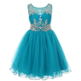 Big Girls Teal Tulle AB Stone Wired Flower Girl Dress 8-16