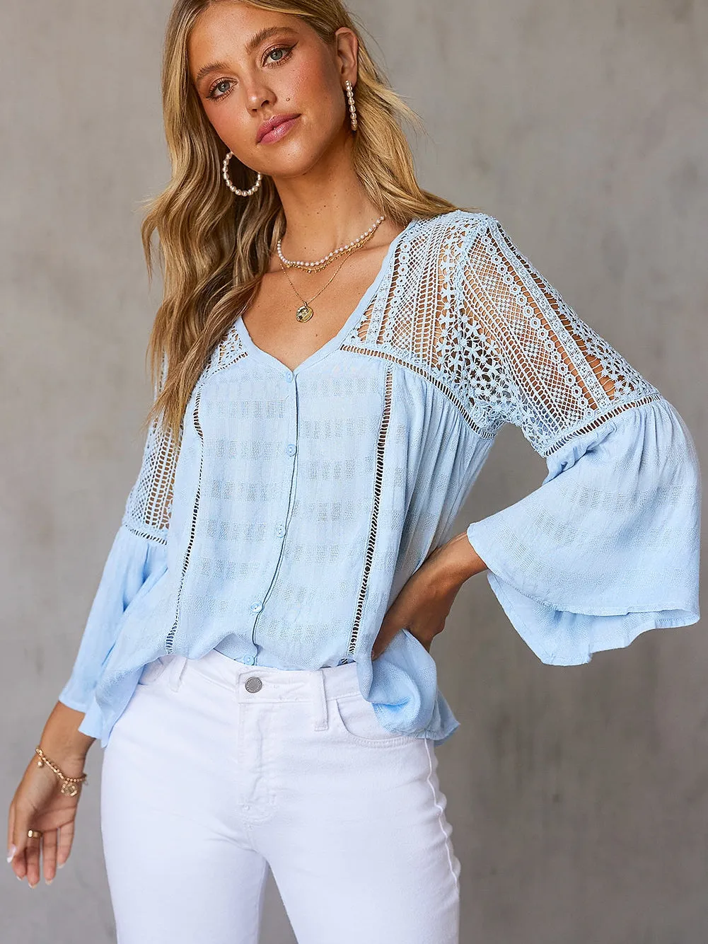 Blue Crochet Bell Sleeve Button-Up