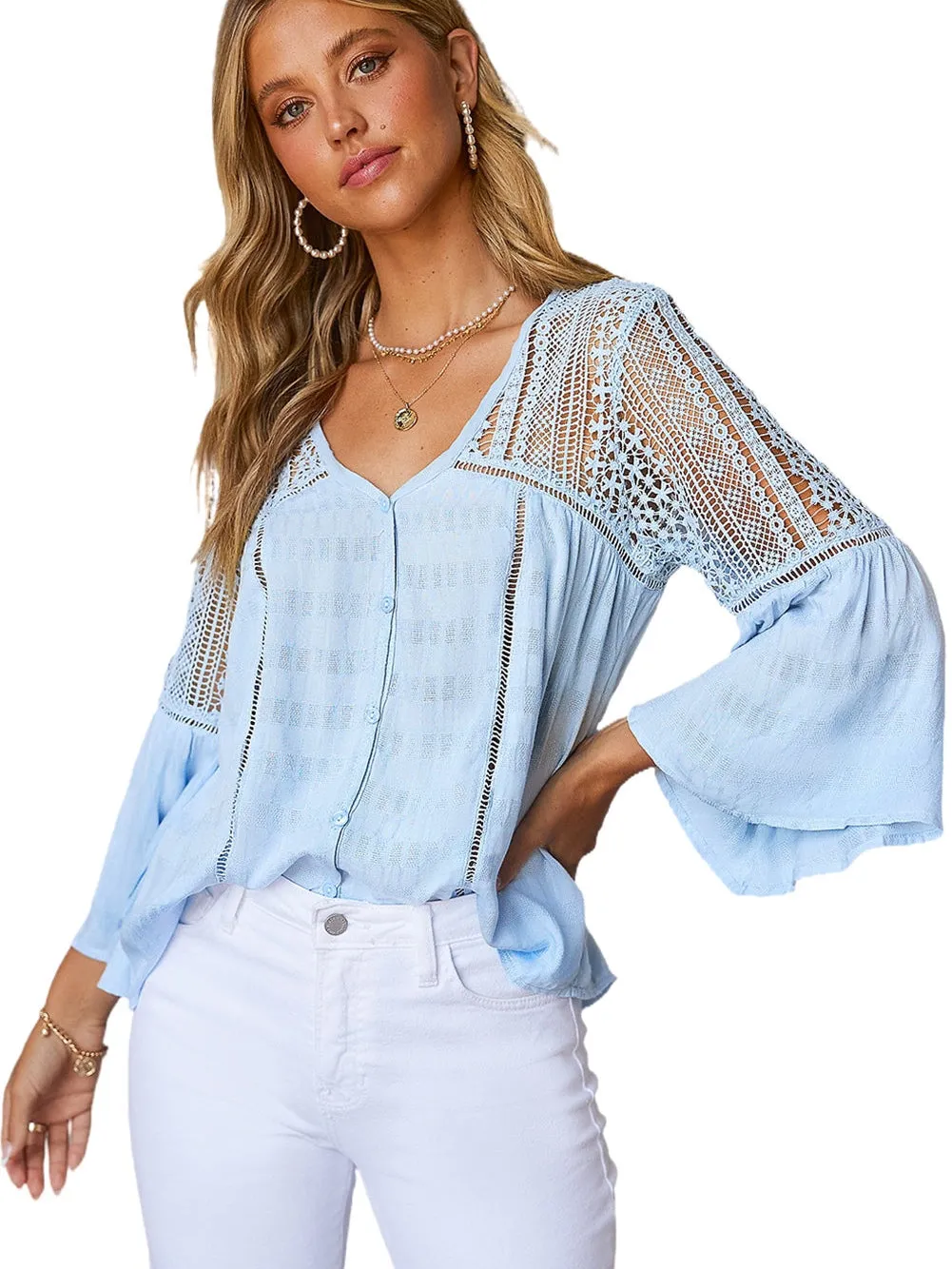 Blue Crochet Bell Sleeve Button-Up