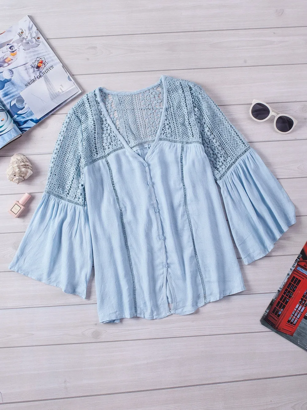 Blue Crochet Bell Sleeve Button-Up