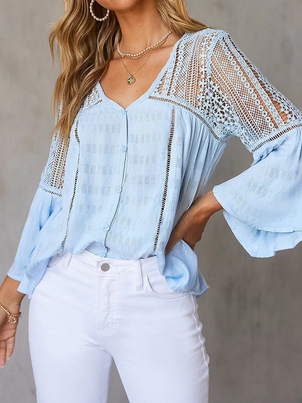 Blue Crochet Bell Sleeve Button-Up