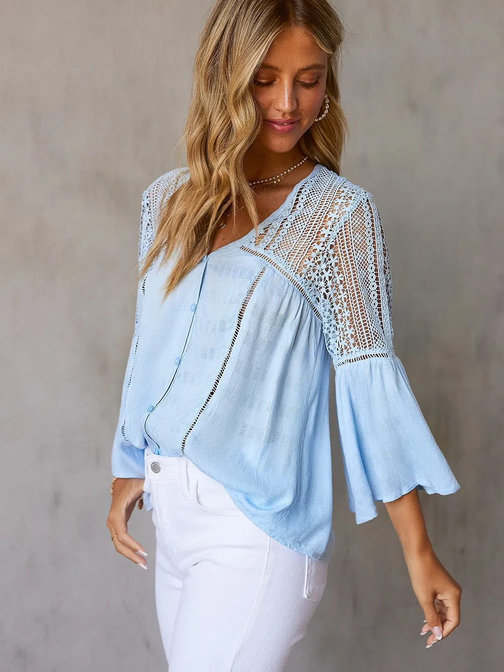 Blue Crochet Bell Sleeve Button-Up