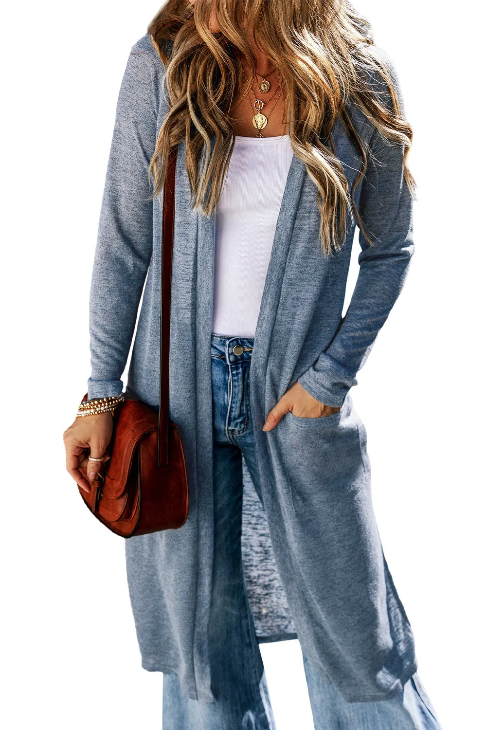 Blue Slub Knit Maxi Cardigan