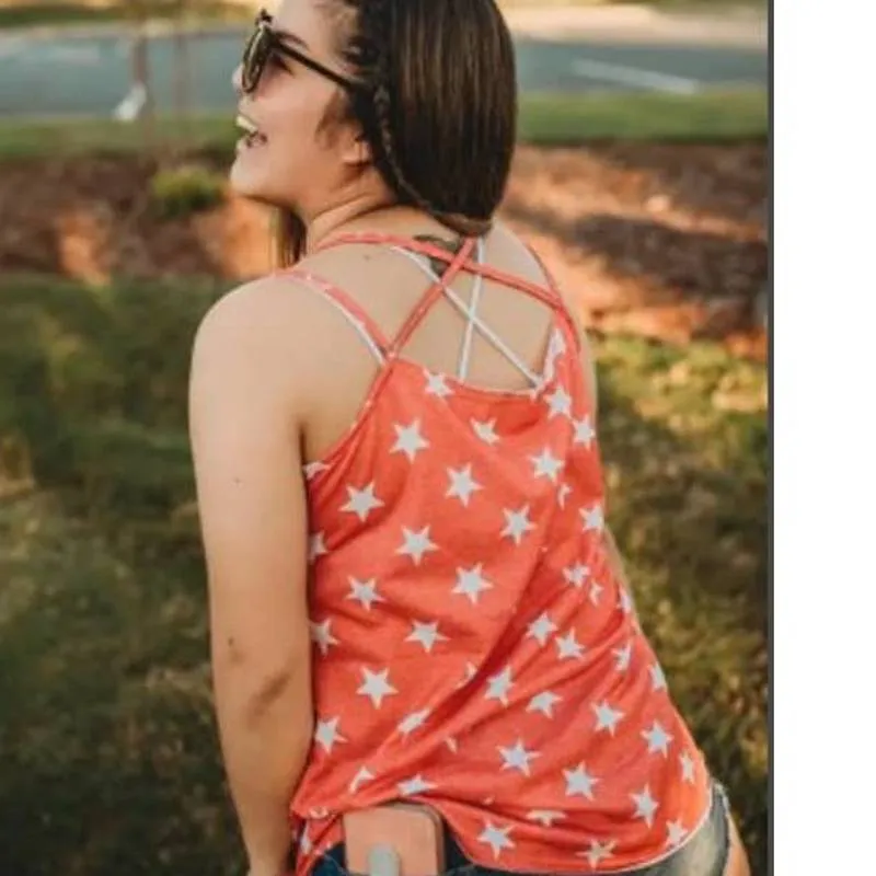 Blue with Red Americana Patriotic Stars & Stripes Cross Strap Tank