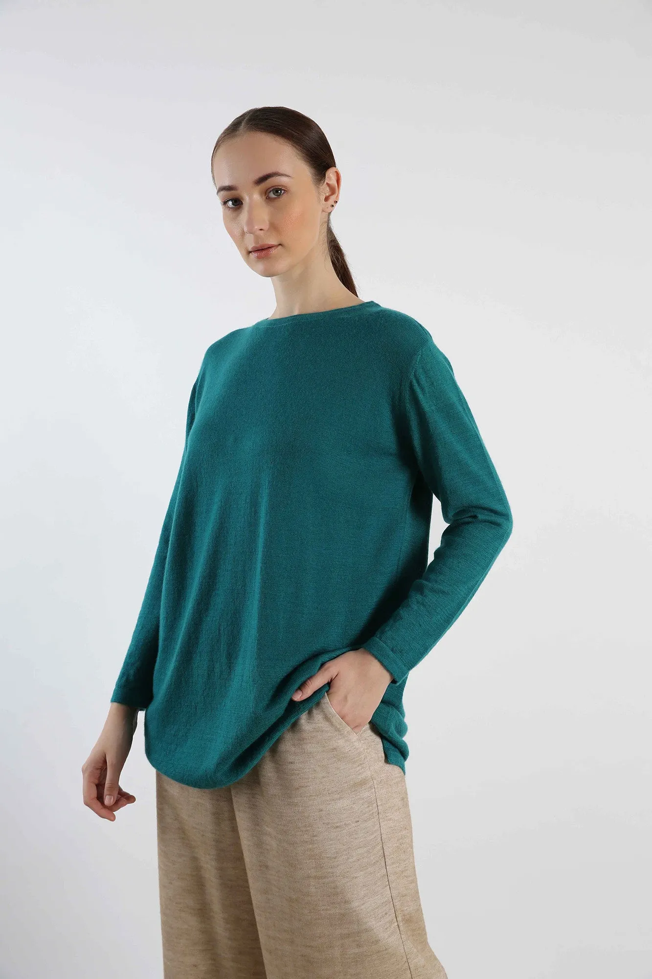 Boat Neck Pure Cashmere Sweater - Teal Blue