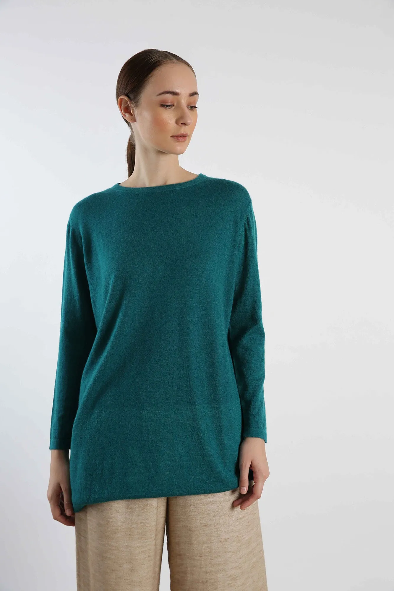 Boat Neck Pure Cashmere Sweater - Teal Blue