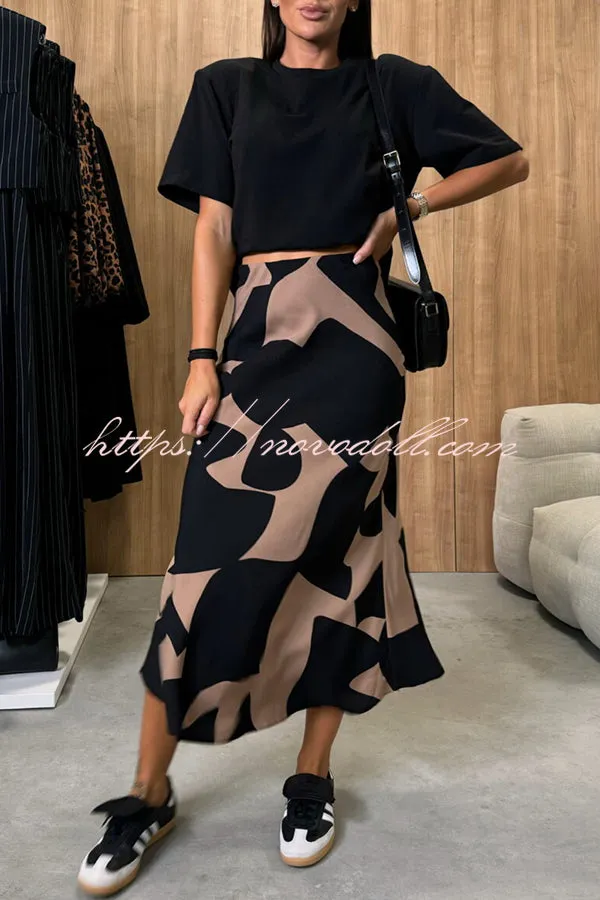 Breezy Composure Unique Print High Rise Elastic Waist Midi Skirt