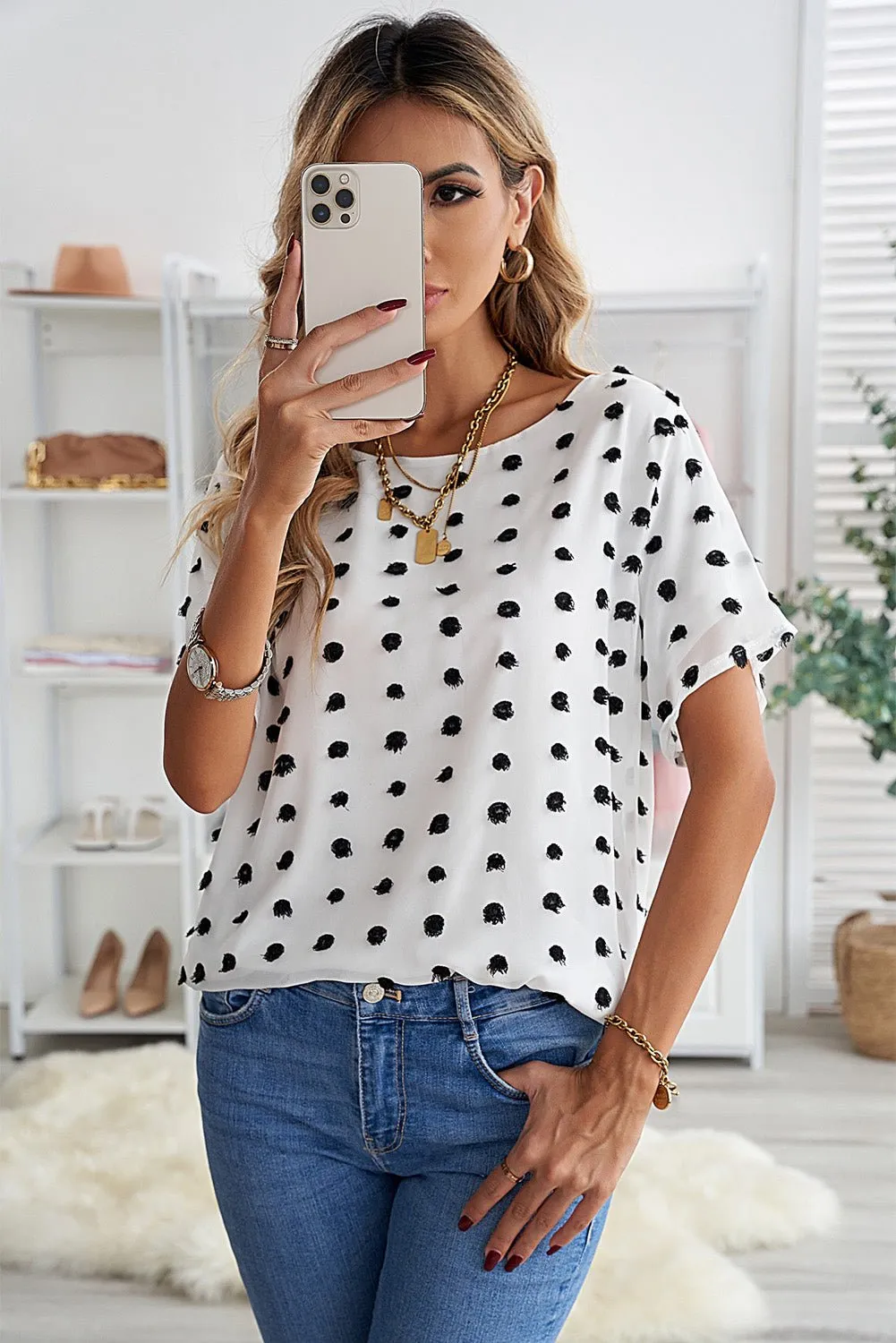 Breezy Swiss Dot Short Sleeve Loose Top