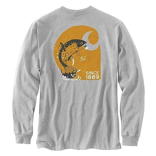 Carhartt 106039 Men's Loose Fit Heavyweight Long-Sleeve Fish Graphic T-Shirt - 3X-Large Regular - Heather Gray