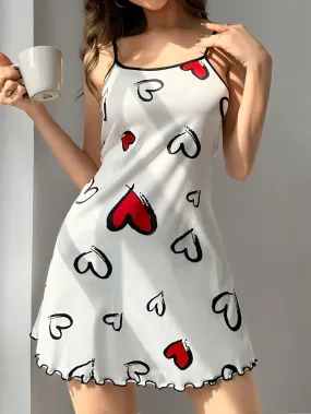 Colorblock Heart Printed Cami Pajama Dress With Lace Trim