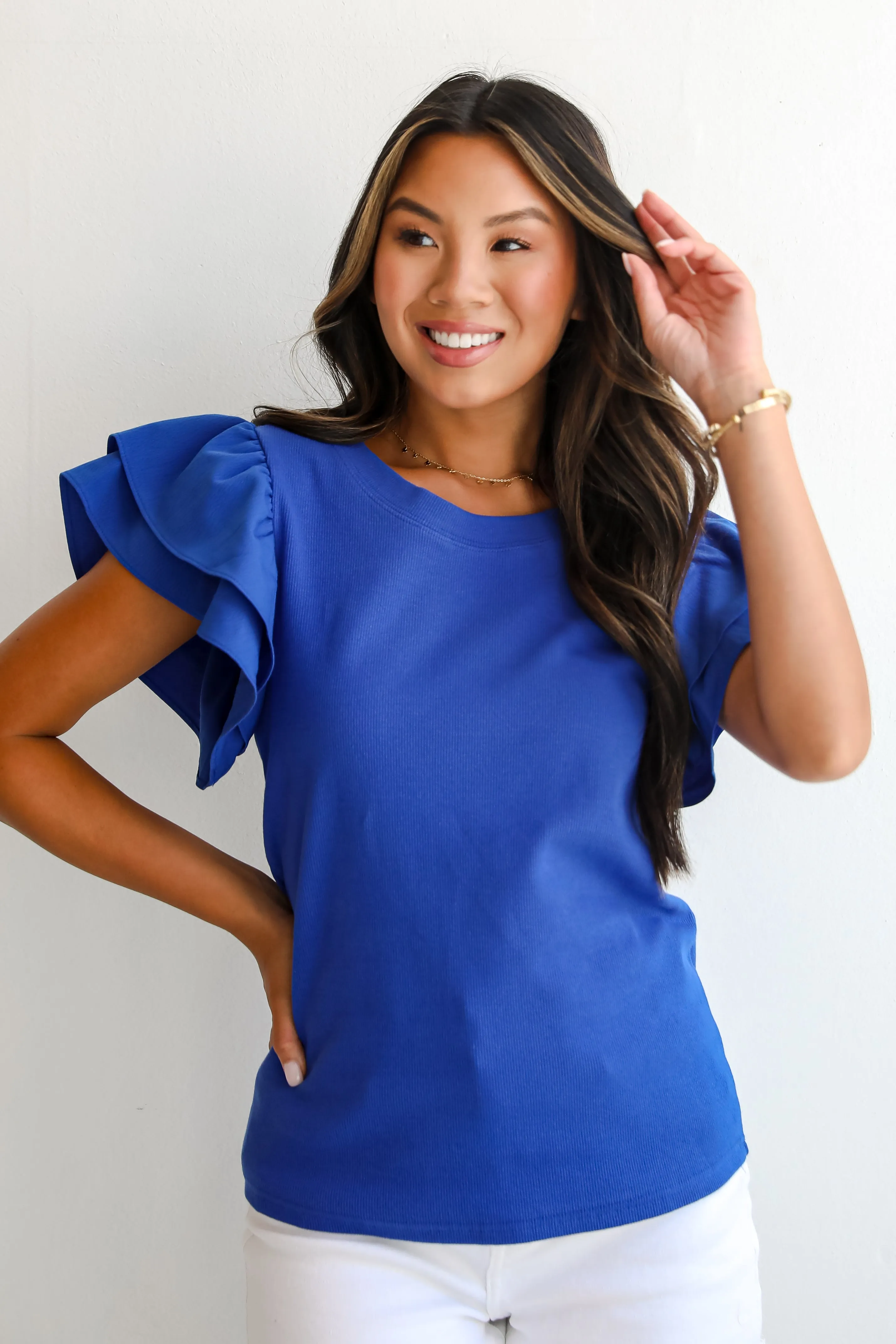 FINAL SALE - Intentionally Breezy Royal Blue Ruffle Sleeve Blouse