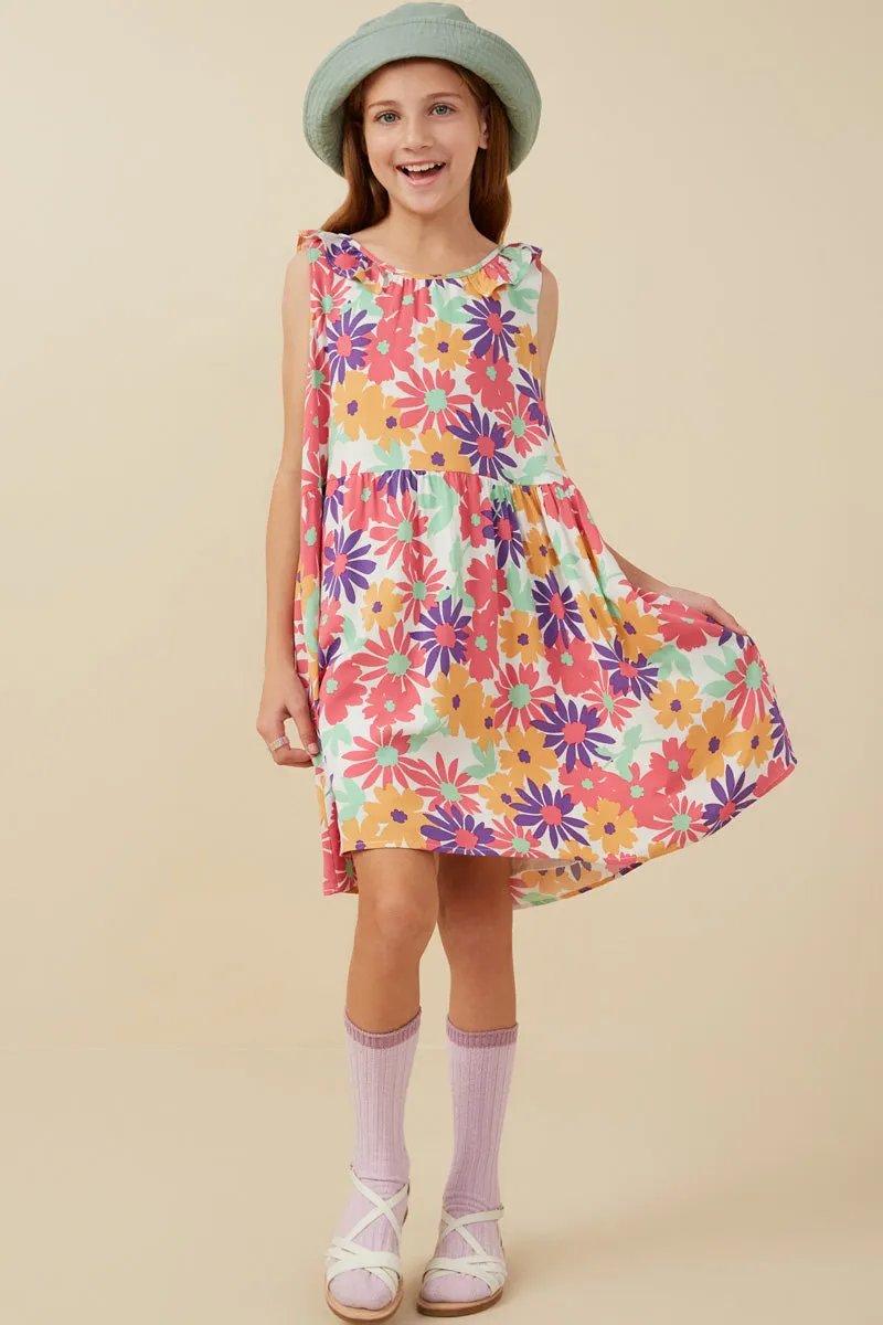 Girls Vivid Floral Ruffle Collared Dress