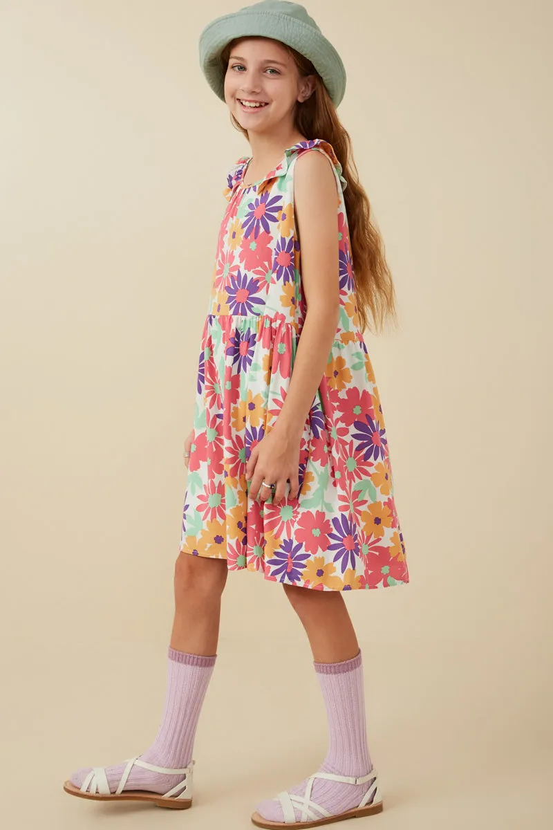 Girls Vivid Floral Ruffle Collared Dress