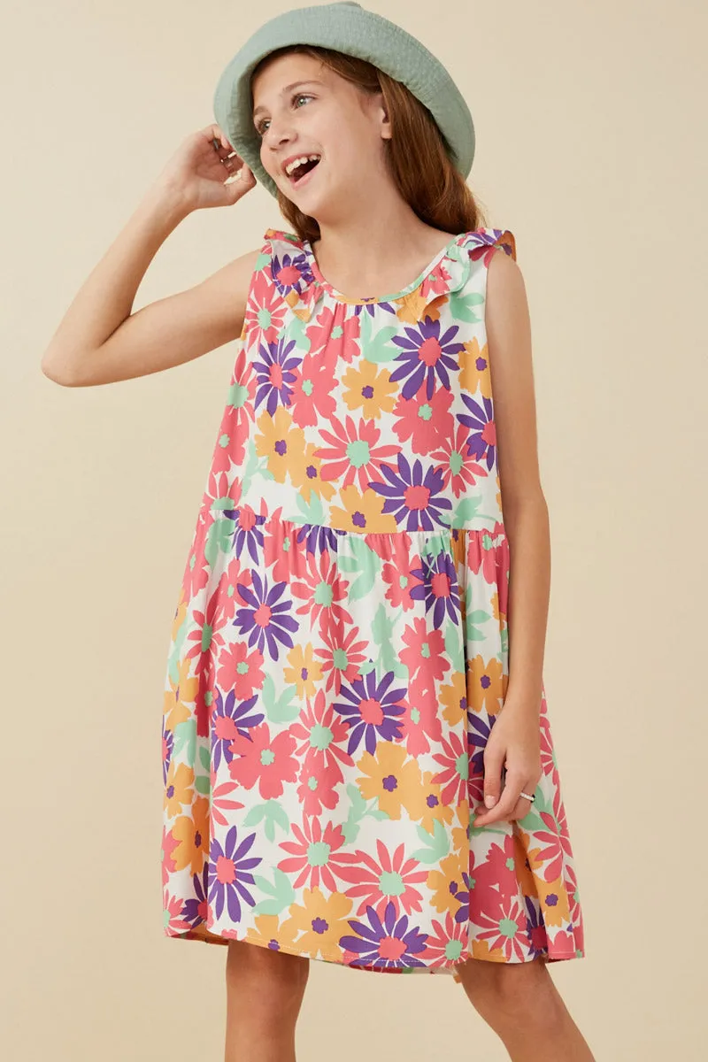 Girls Vivid Floral Ruffle Collared Dress