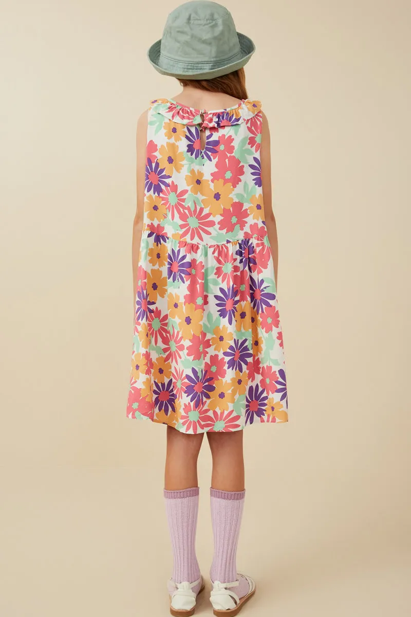 Girls Vivid Floral Ruffle Collared Dress