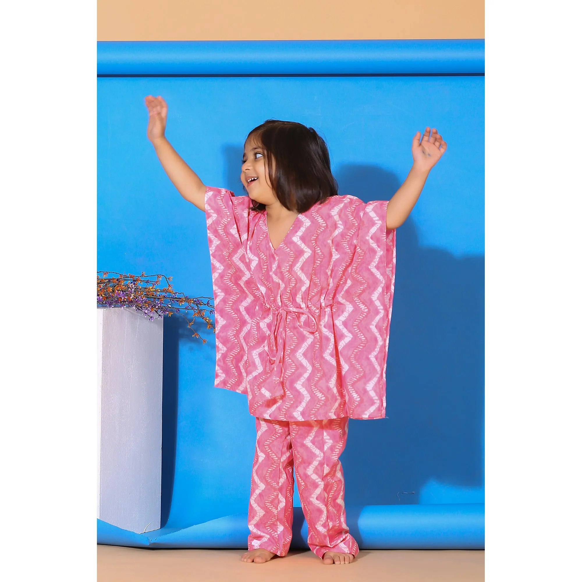 Glitched Stripes on Pink Kids Kaftan Pyjama