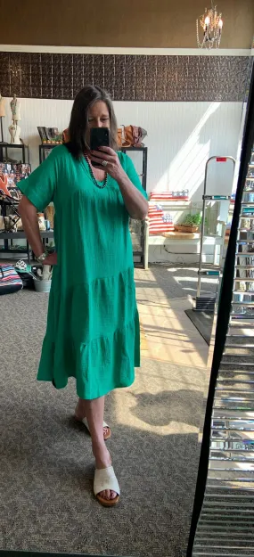 Green Cotton Crinkle Gauze Midi Dress - SML