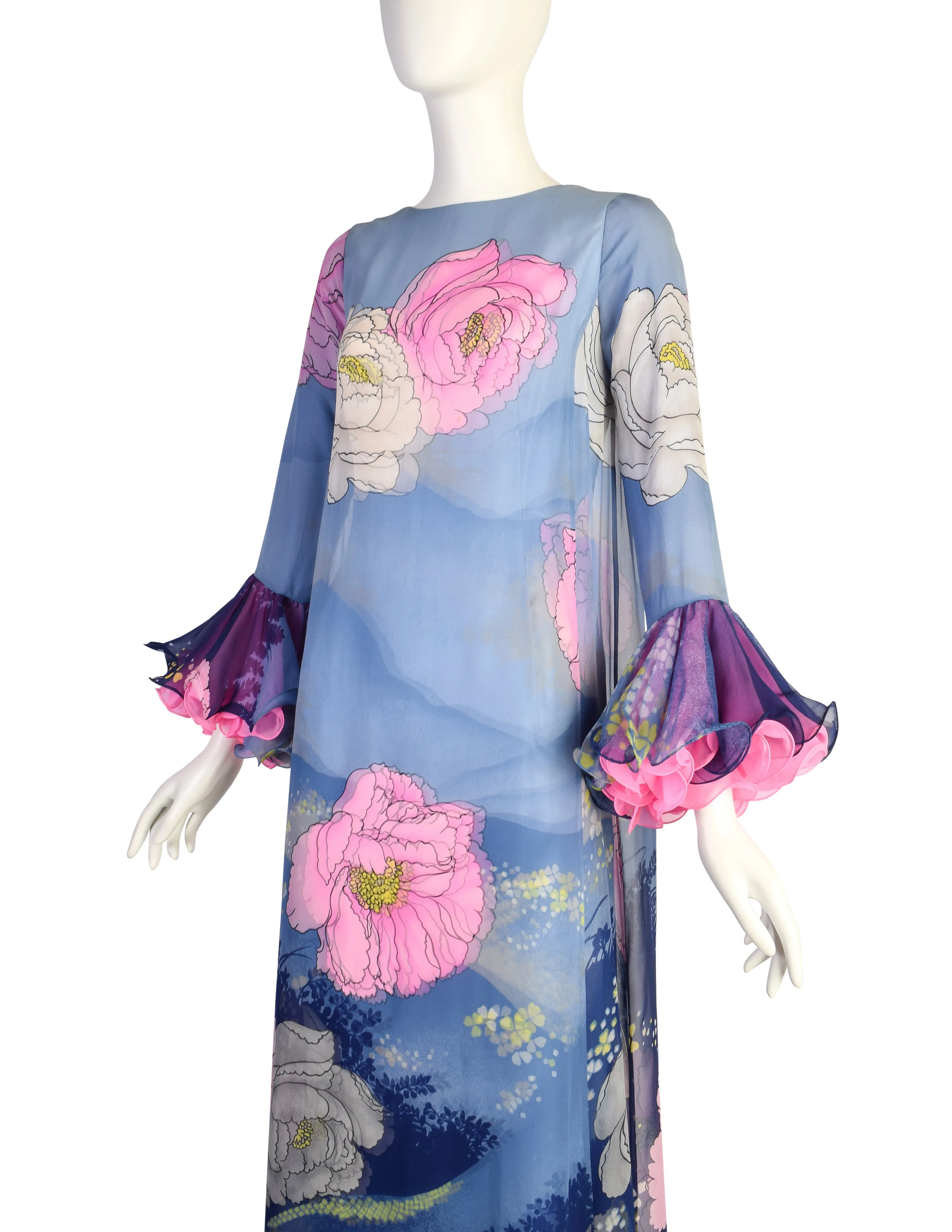 Hanae Mori Vintage 1972 Exceptional Vivid Layered Floral Silk Ruffle Sleeve Gown