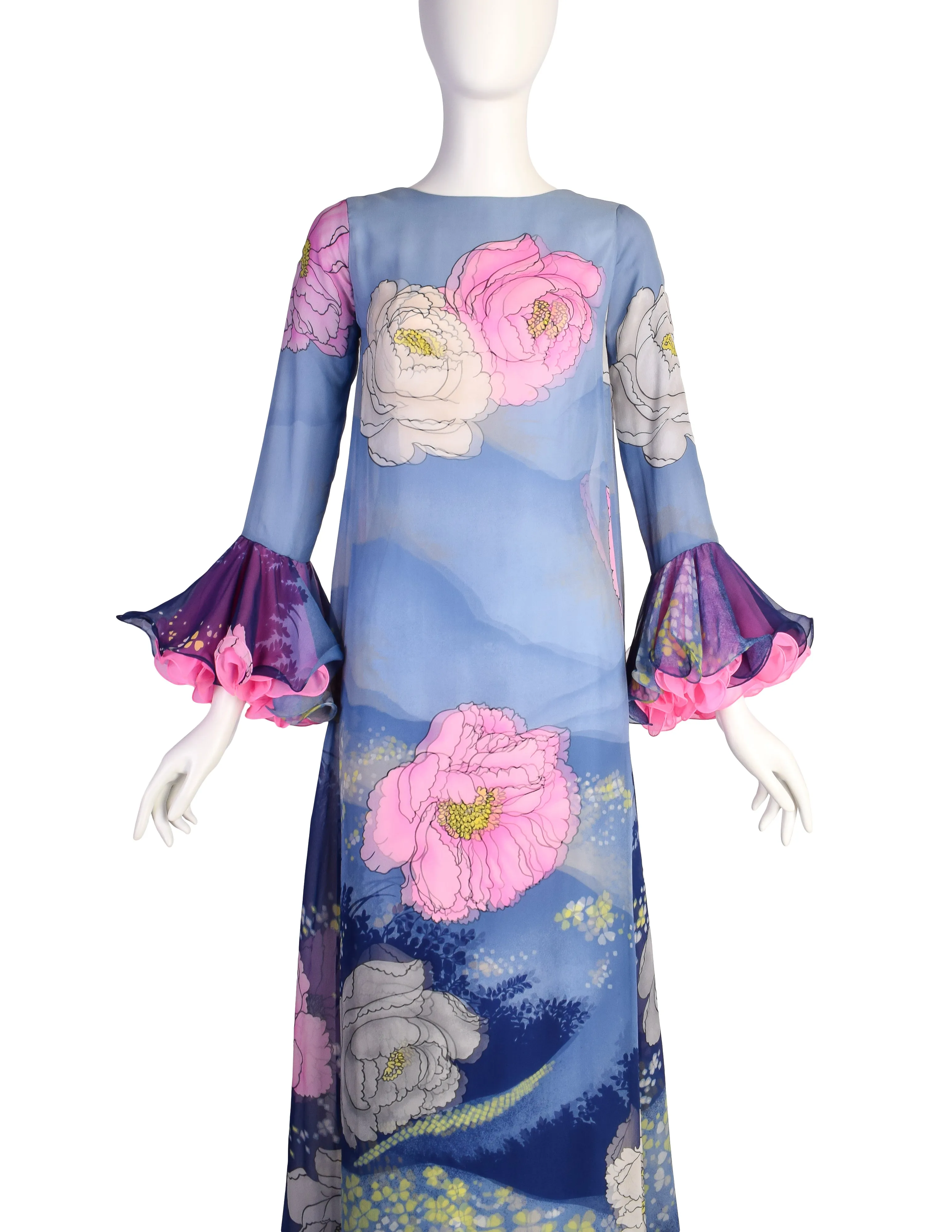 Hanae Mori Vintage 1972 Exceptional Vivid Layered Floral Silk Ruffle Sleeve Gown