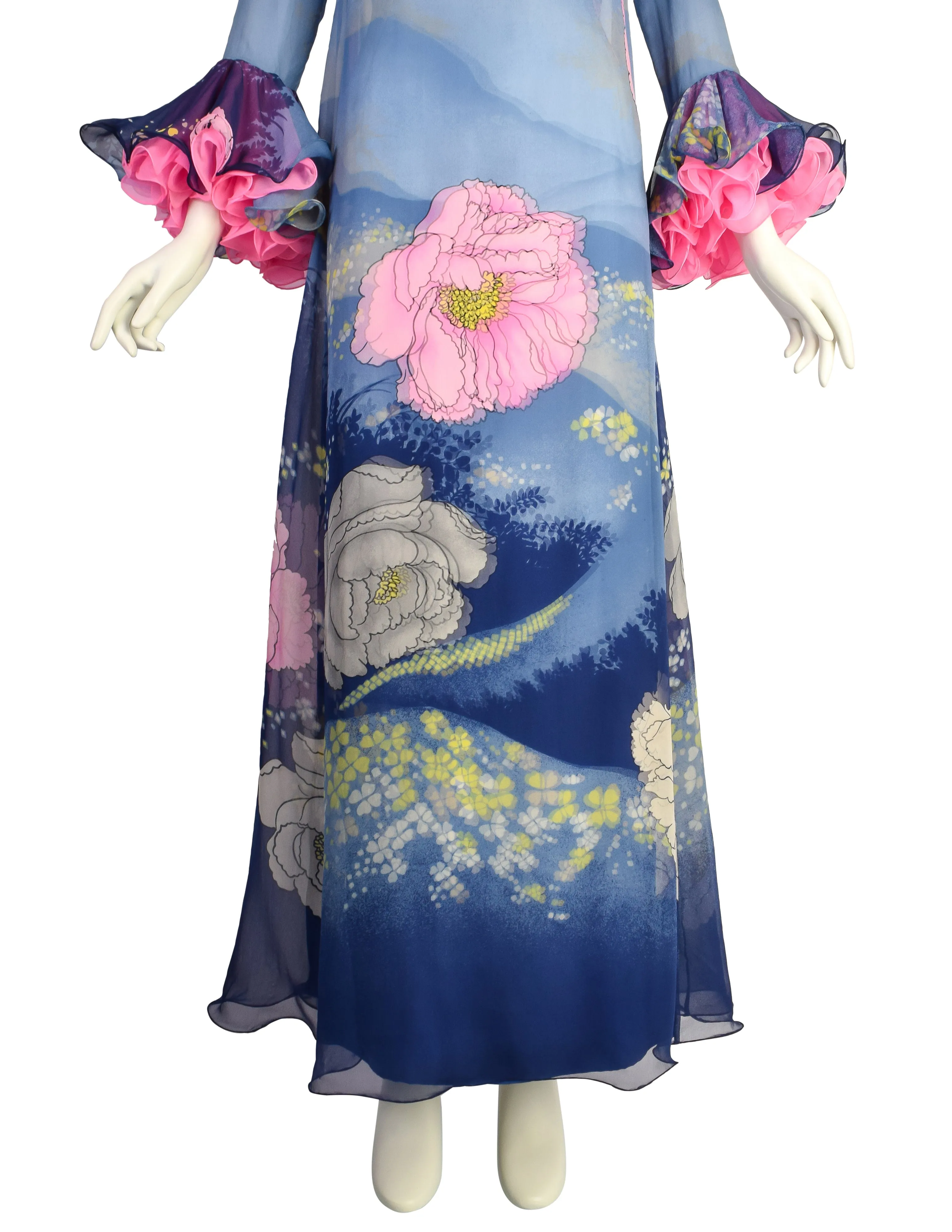 Hanae Mori Vintage 1972 Exceptional Vivid Layered Floral Silk Ruffle Sleeve Gown