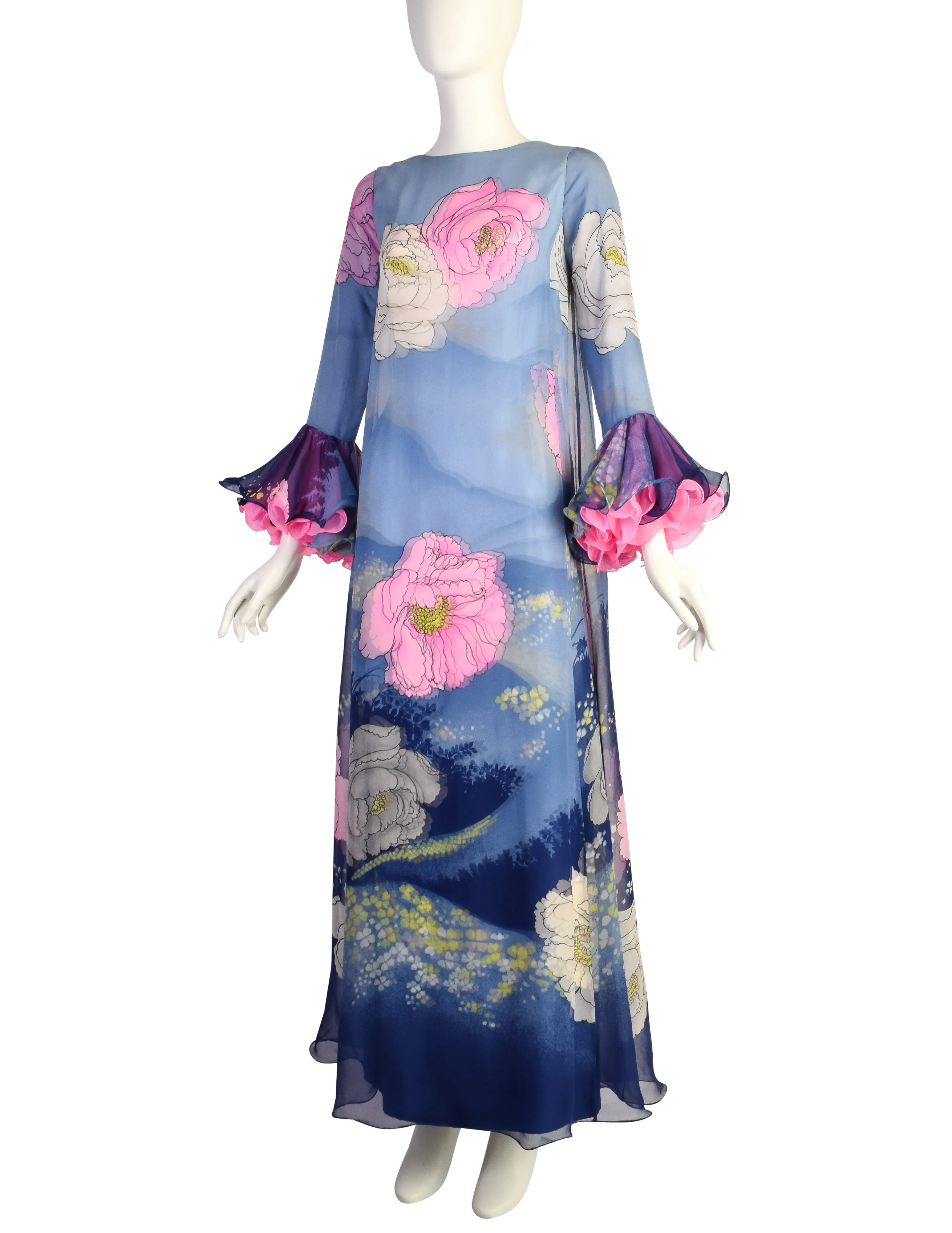 Hanae Mori Vintage 1972 Exceptional Vivid Layered Floral Silk Ruffle Sleeve Gown