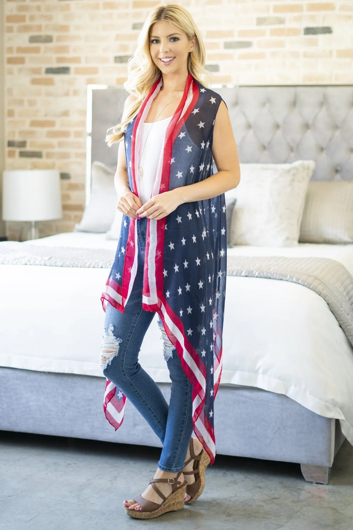 Hdf2843 - Usa Accent Long Open Front Kimono Vest