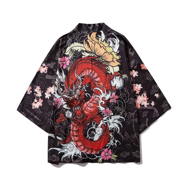 Japanese Great Wave off Kanagawa Dragons Kois Kimono