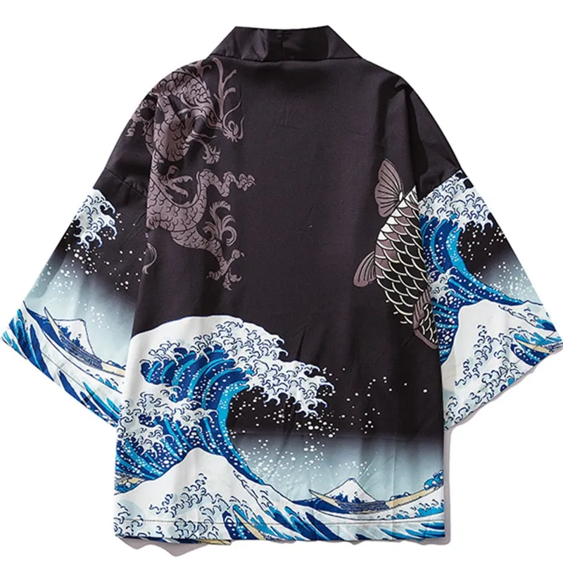 Japanese Great Wave off Kanagawa Dragons Kois Kimono