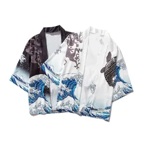 Japanese Great Wave off Kanagawa Dragons Kois Kimono