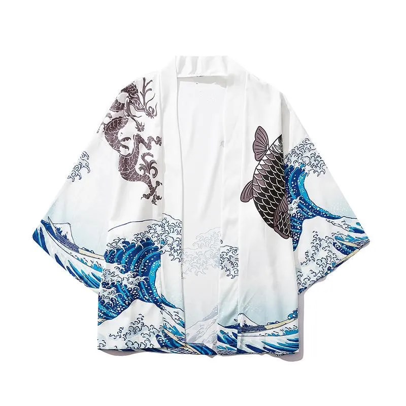 Japanese Great Wave off Kanagawa Dragons Kois Kimono