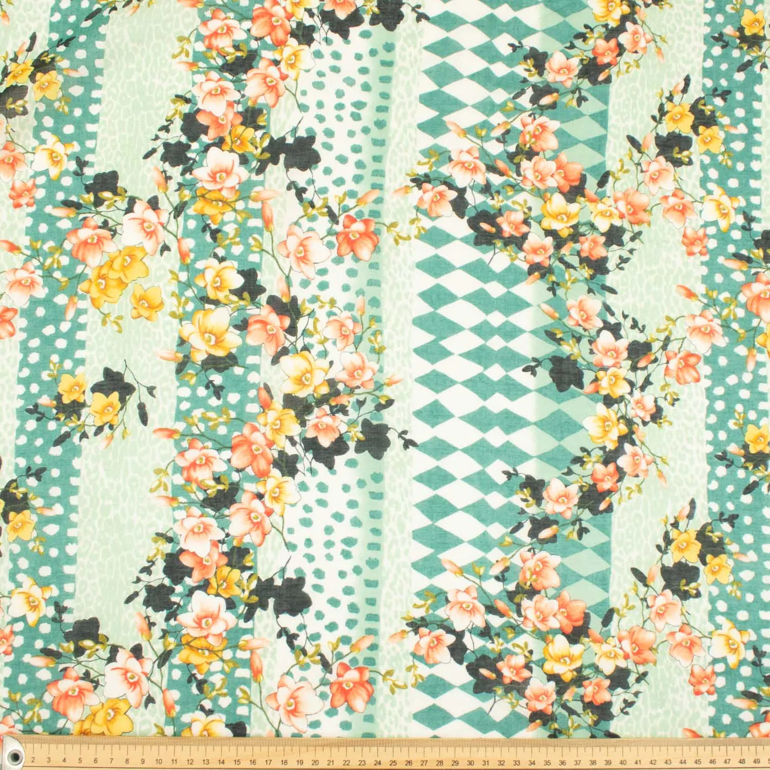 Japanese Pure Cotton Lawn Prints Design-176 Orange & Yellow Floral Vines and Teal Rhombus on Mint