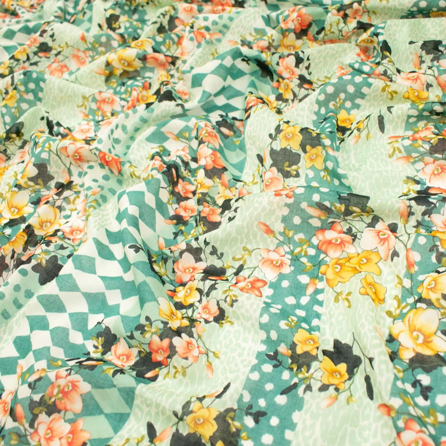 Japanese Pure Cotton Lawn Prints Design-176 Orange & Yellow Floral Vines and Teal Rhombus on Mint