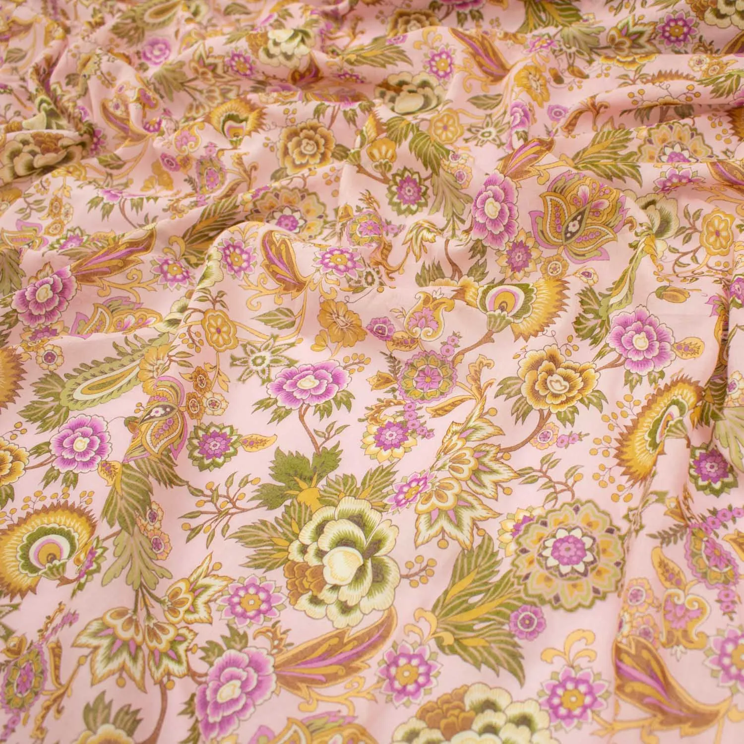 Japanese Pure Cotton Lawn Prints Design-196 Beige Florals & Green Leaves on Baby Pink