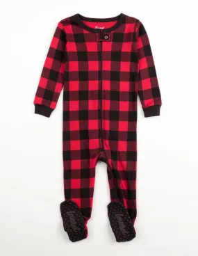 Kid's Footed Red & Black Plaid Cotton Pajamas