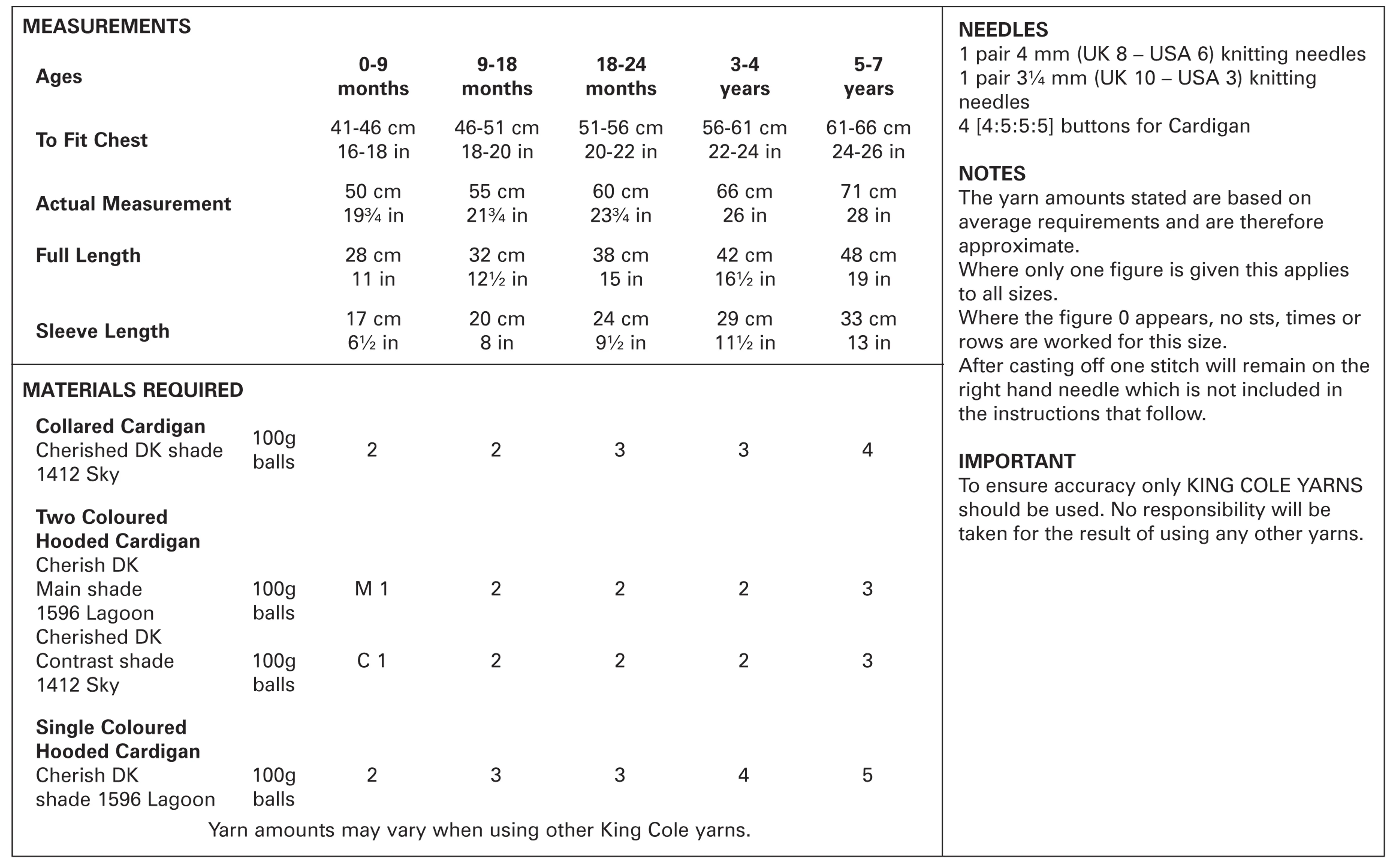 King Cole 4200 Double Knitting Pattern - Easy Knit Baby DK Children Cardigans (0 to 7 Yrs)
