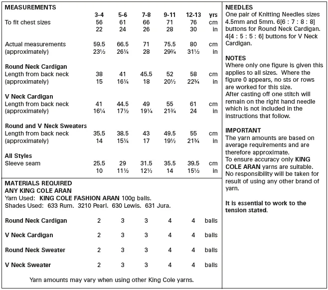 King Cole 5542 Aran Knitting Pattern - Easy Knit - Children's Sweaters & Cardigans (3 - 13yrs)