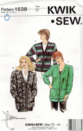 Kwik Sew 1538 Womens Stretch Cardigans 1980s Vintage Sewing Pattern Size XS - L UNCUT Factory Folded