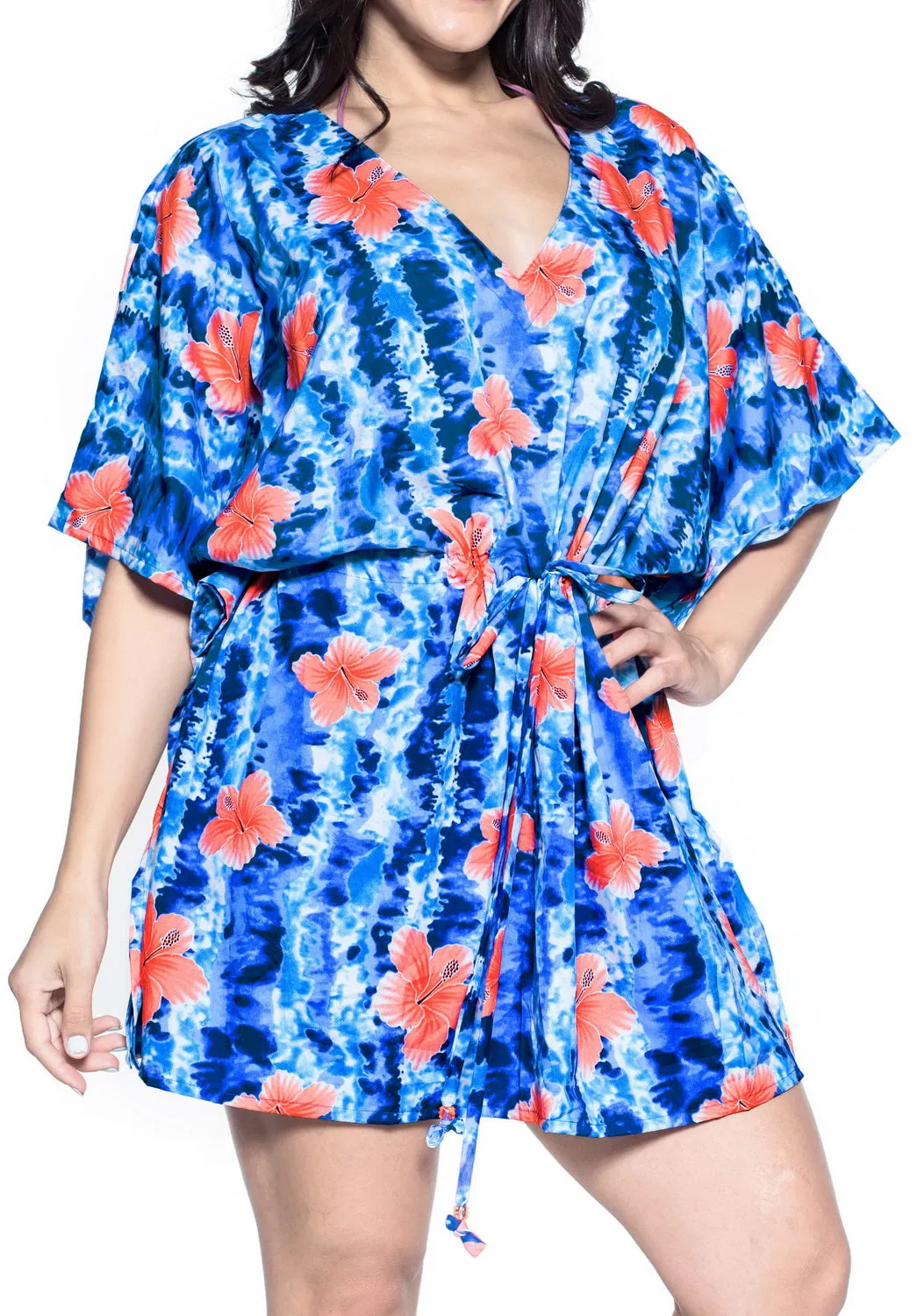 La Leela Hibiscus Robe Soft Likre Beachwear Caftan Swimwear Cover up Royal blue